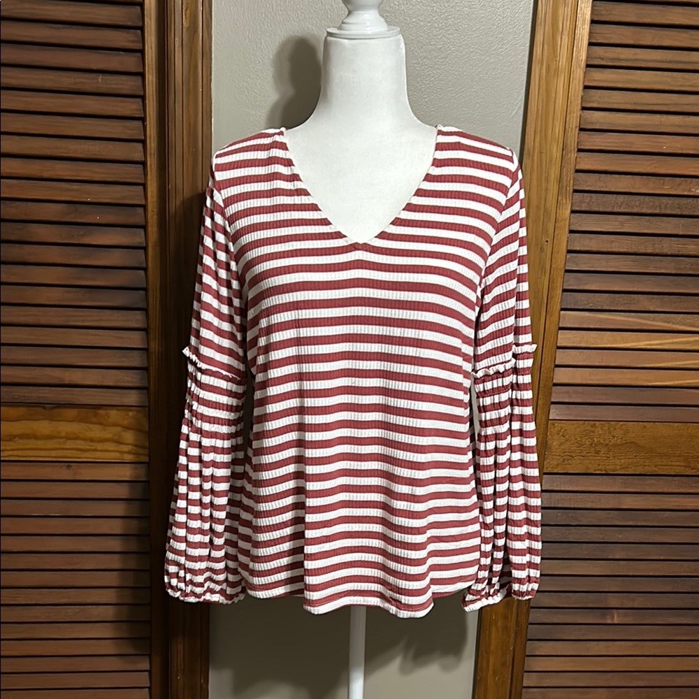 Skies Are Blue Red and White Striped V-Neck Long Sleeve Top
